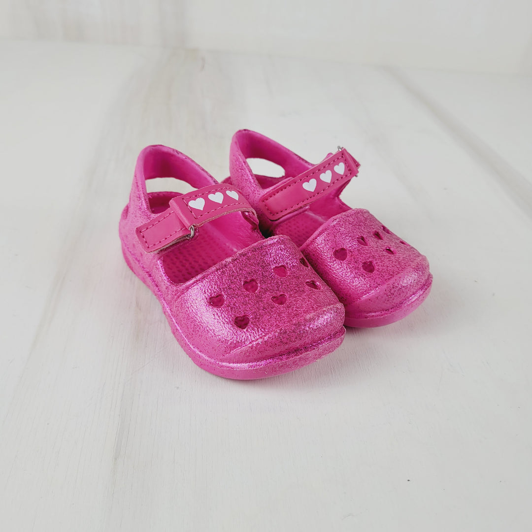 PINK GLITTER SLIP ON SANDALS WITH VELCRO SIZE 6 CHILD PRE-LOVED