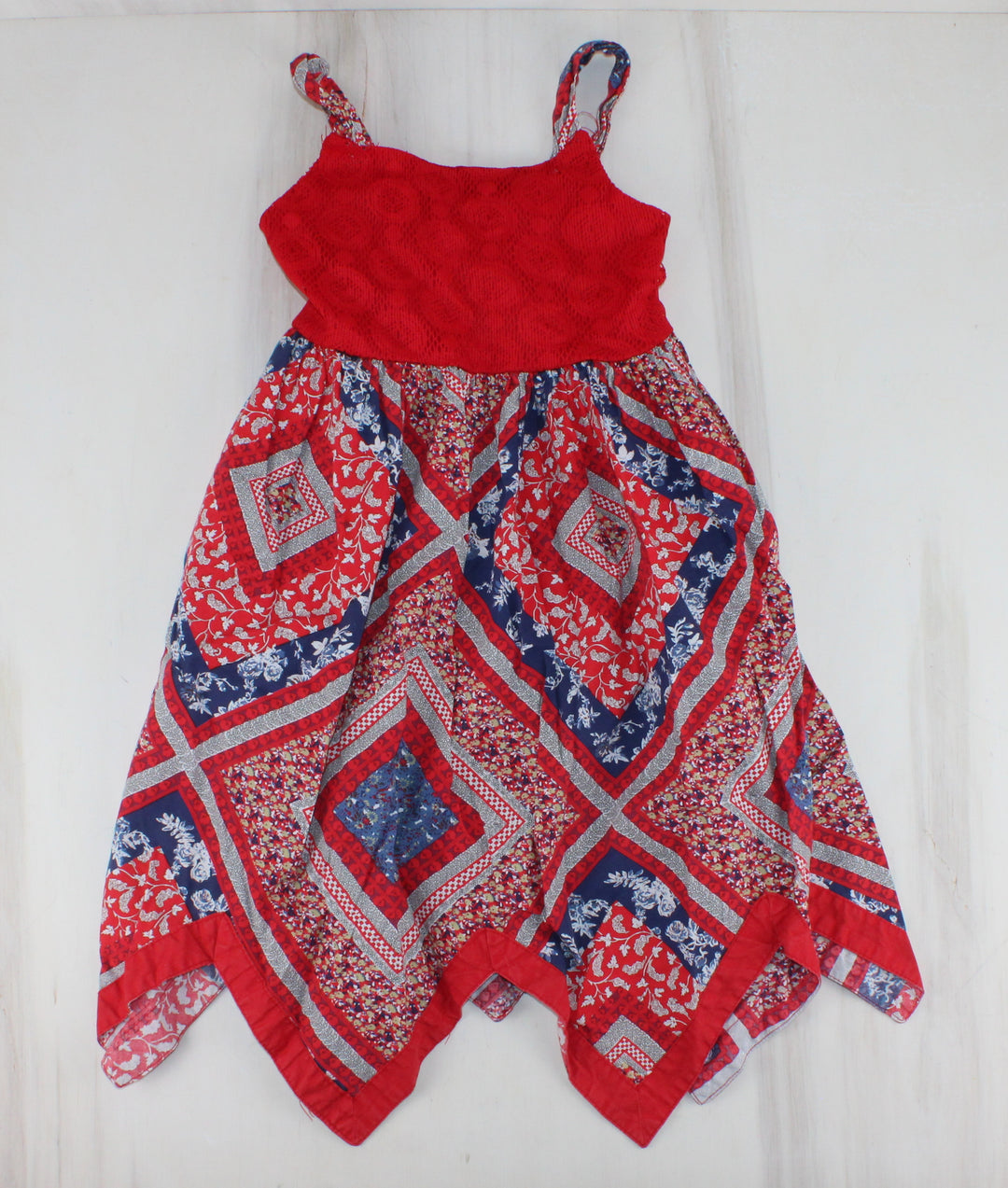 RED PATTERNED DRESS APPROX 7-8Y PRE-LOVED