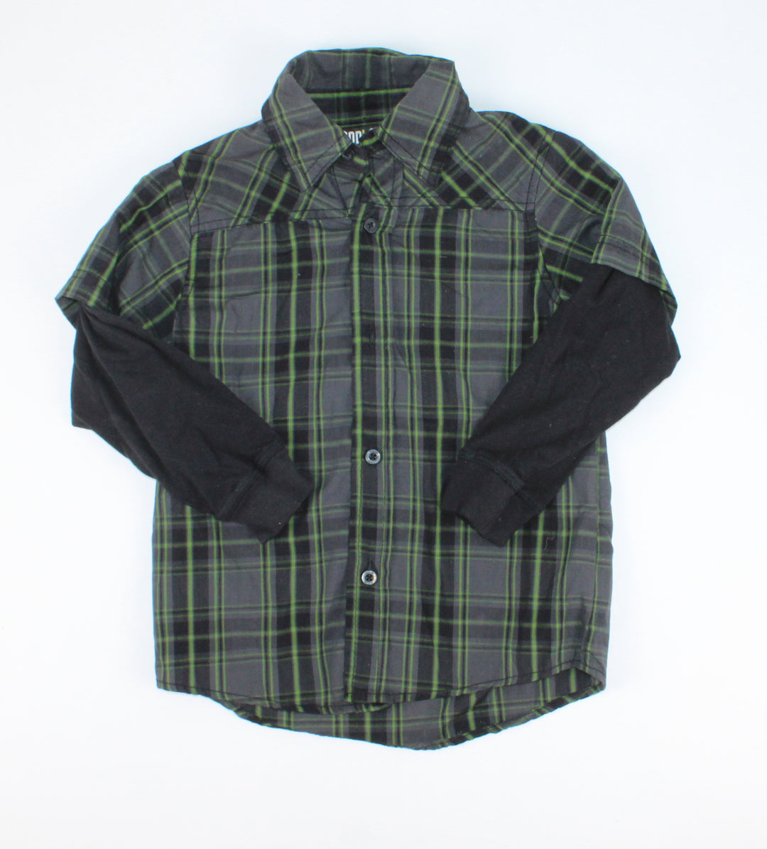 WOODLAND BLACK/GREEN PLAID TOP 4Y EUC