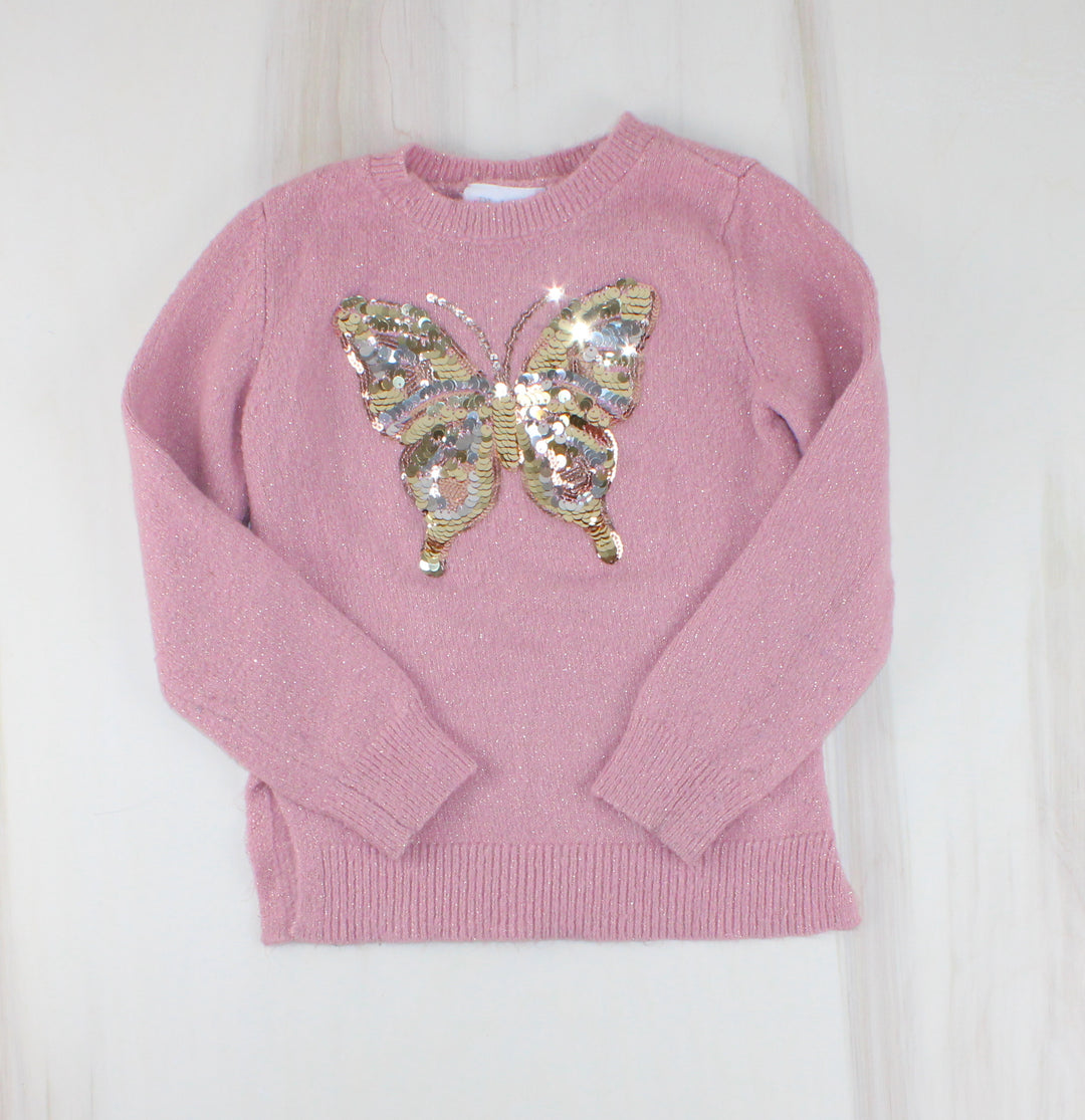 CHILDRENS PLACE PINK BUTTERFLY SEQUIN SWEATER 5/6Y VGUC
