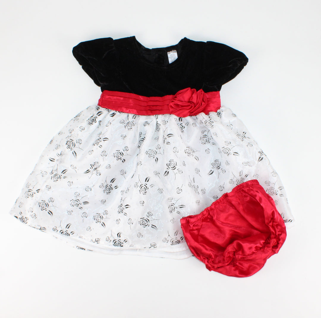 GEORGE BLACK VELOUR WITH WHITE FLOWERS HOLIDAY DRESS 12-18M PRE-LOVED