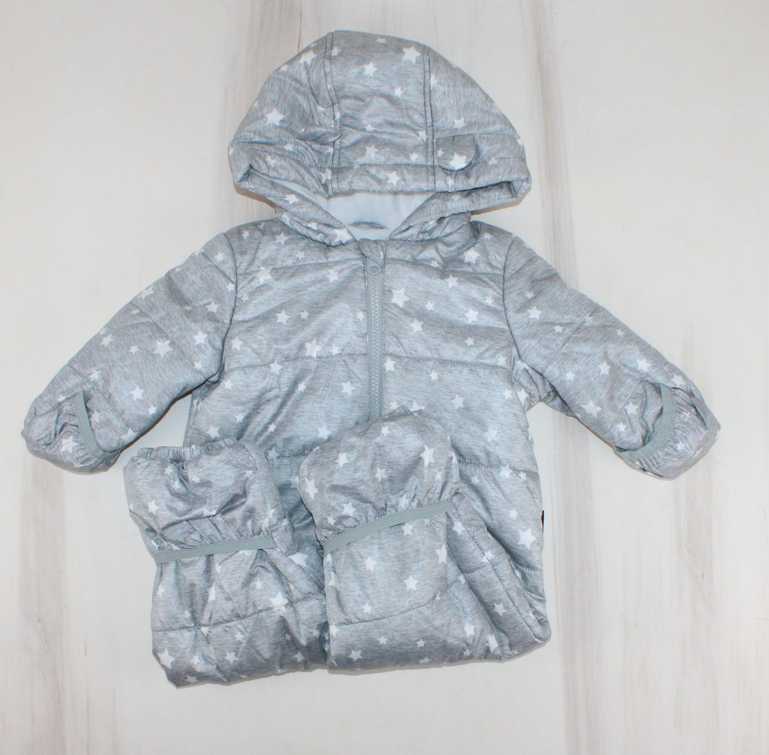 JOE FRESH SILVER AND WHITE STAR SNOWSUIT 6-12M PRE-LOVED