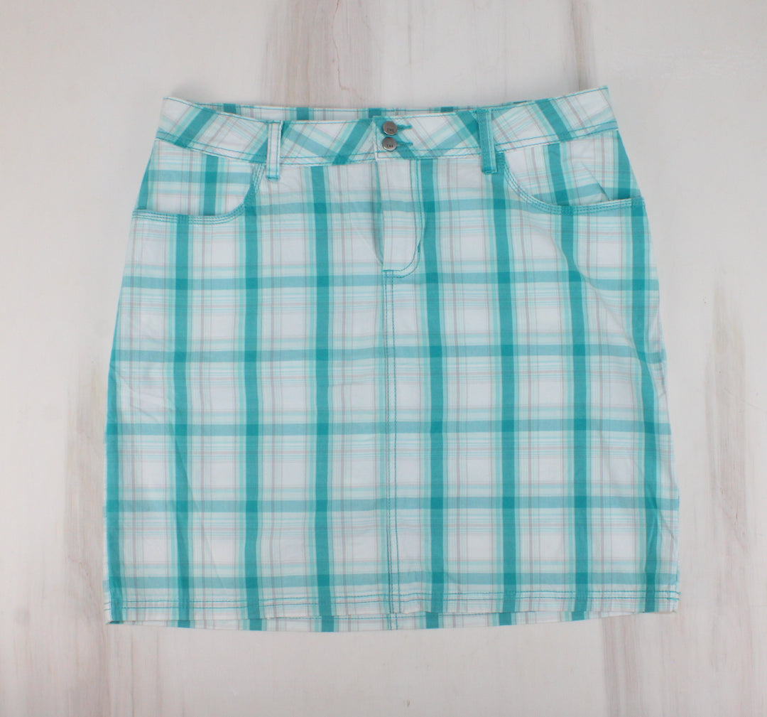 DENVER HAYES WHITE & TEAL PLAID SHORTS LADIES SIZE 10 PRE-LOVED