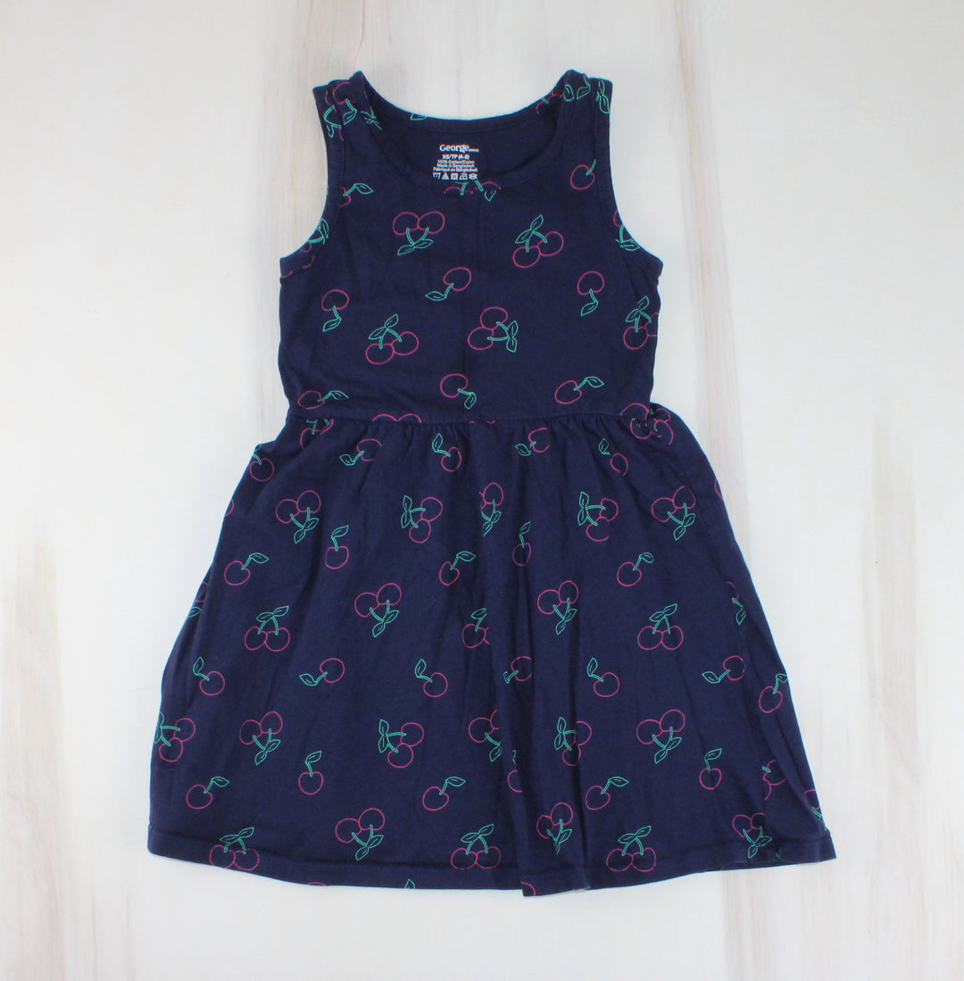 GEORGE NAVY DRESS WITH CHERRIES 4-5Y EUC