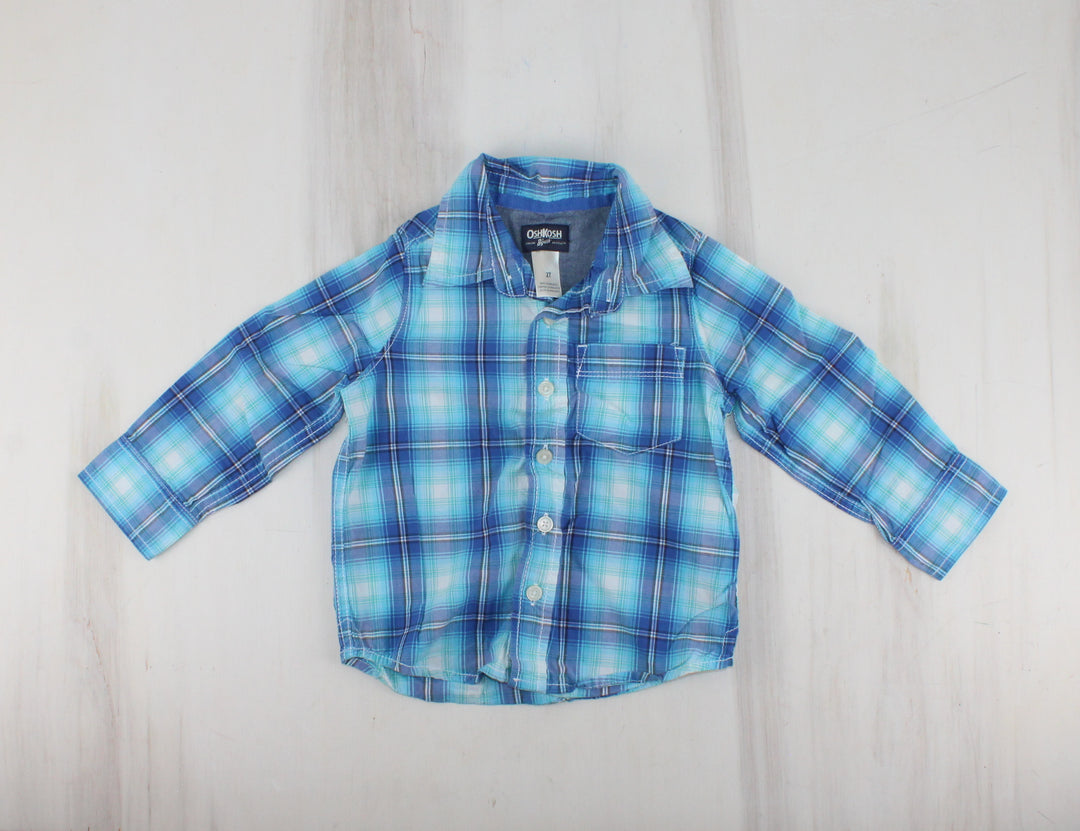 OSH KOSH BLUE PLAID BUTTON UP TOP 2Y PRE-LOVED
