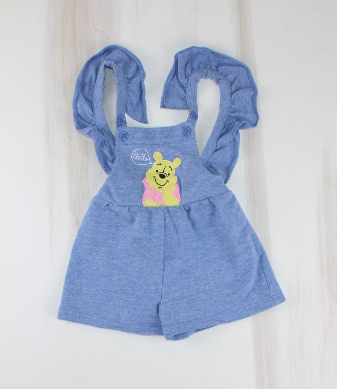 DISNEY POOH BEAR COTTON SHORTALLS 12M PRE-LOVED
