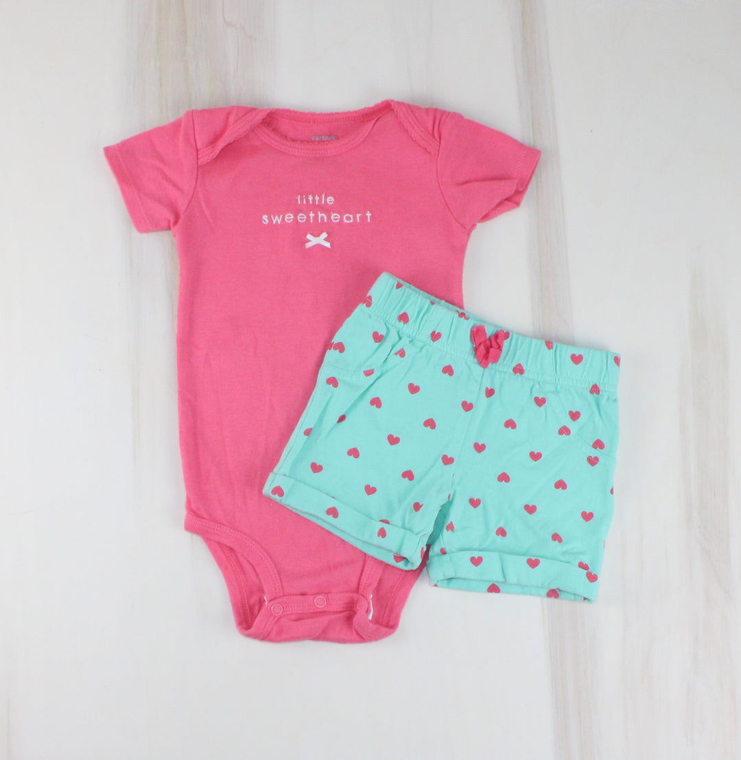 CARTERS LITTLE SWEETHEART TEAL & PINK OUTFIT 12M EUC