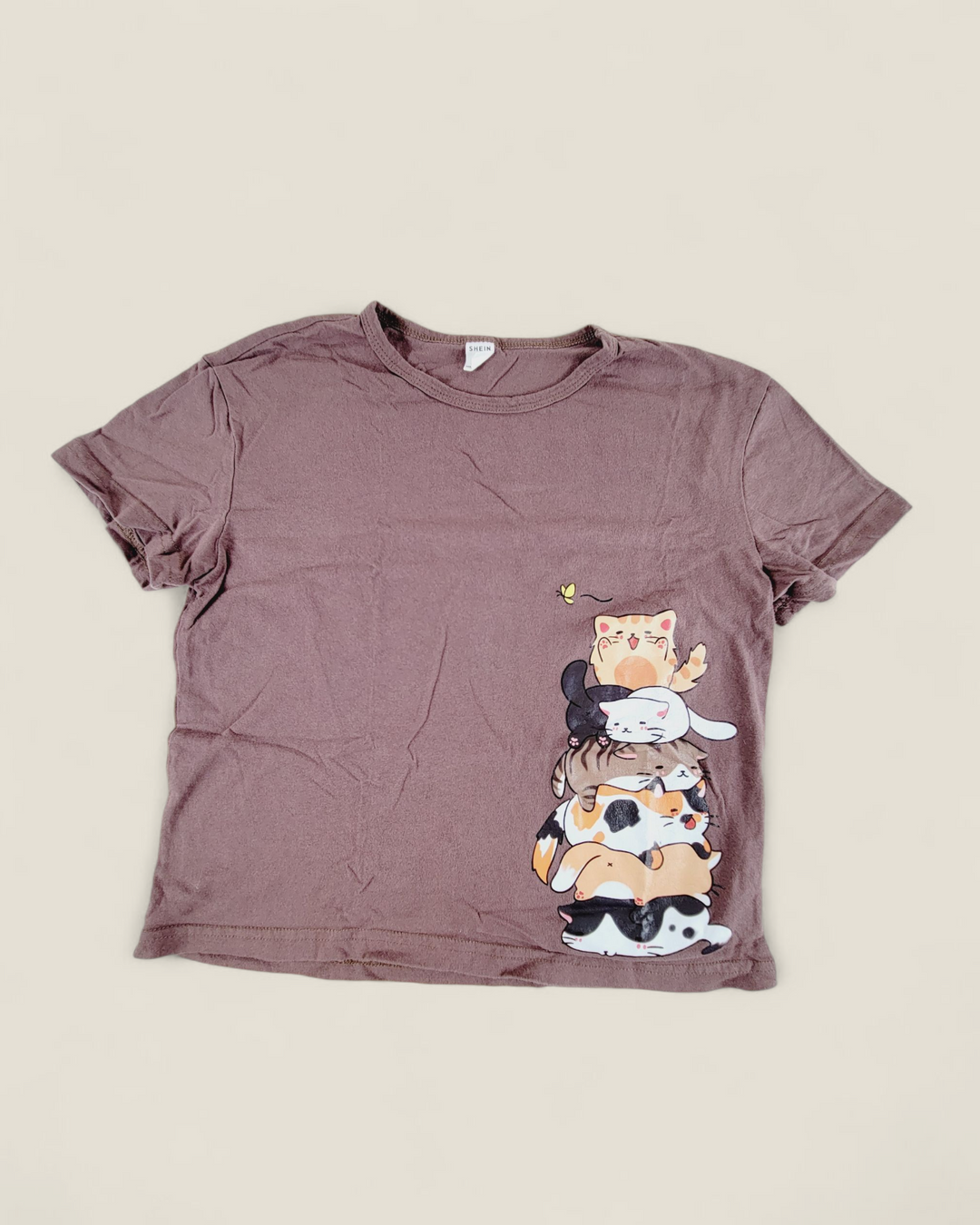 SHEIN STACKED CATS BROWN TEE 10Y PRE-LOVED