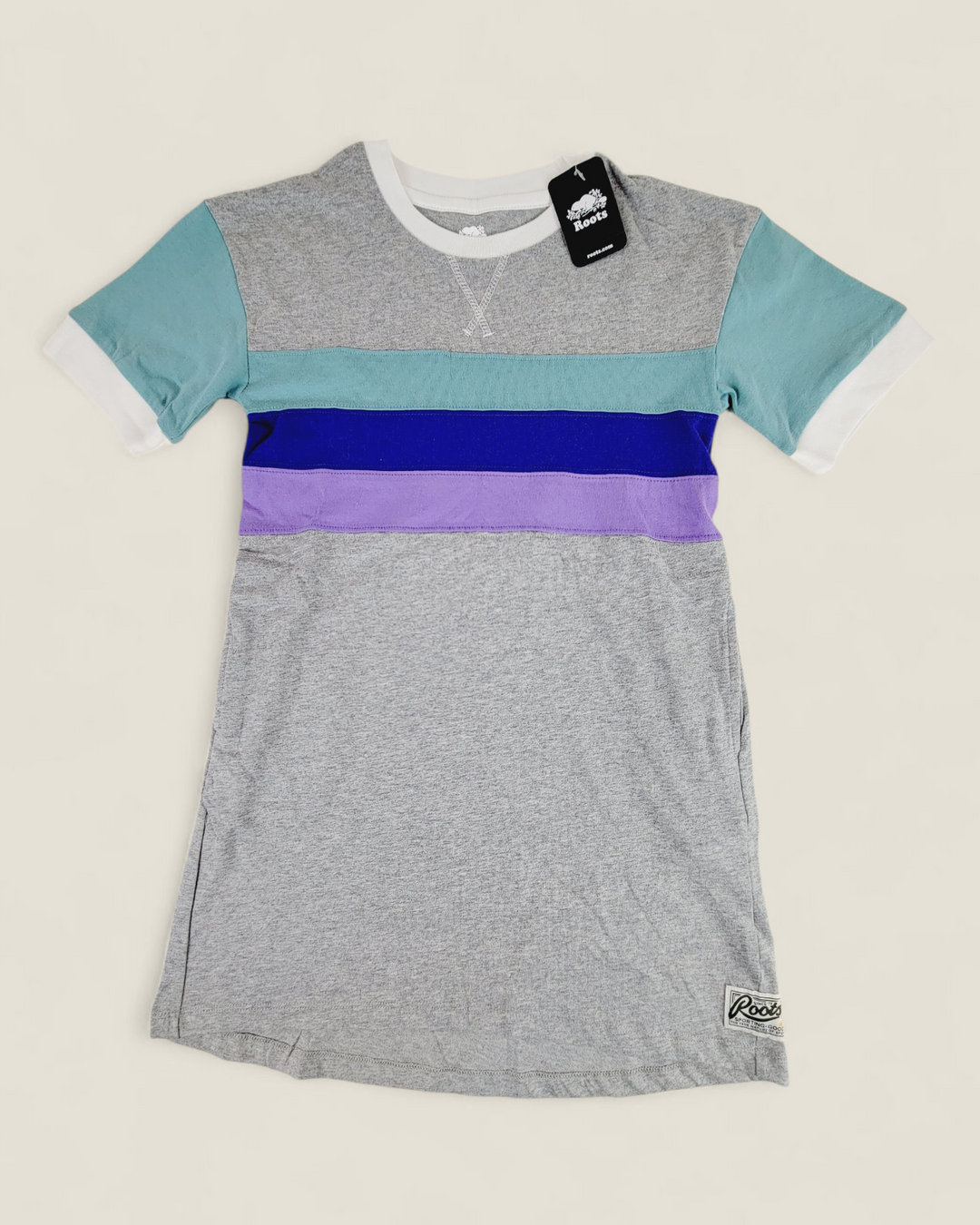 ROOTS GREY STRIPED T SHIRT DRESS 5-6Y PRE-LOVED (WITH TAGS)