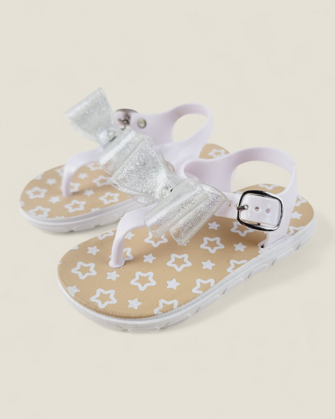 WHITE GLITTER BOW SANDALS 7/8 PRE-LOVED