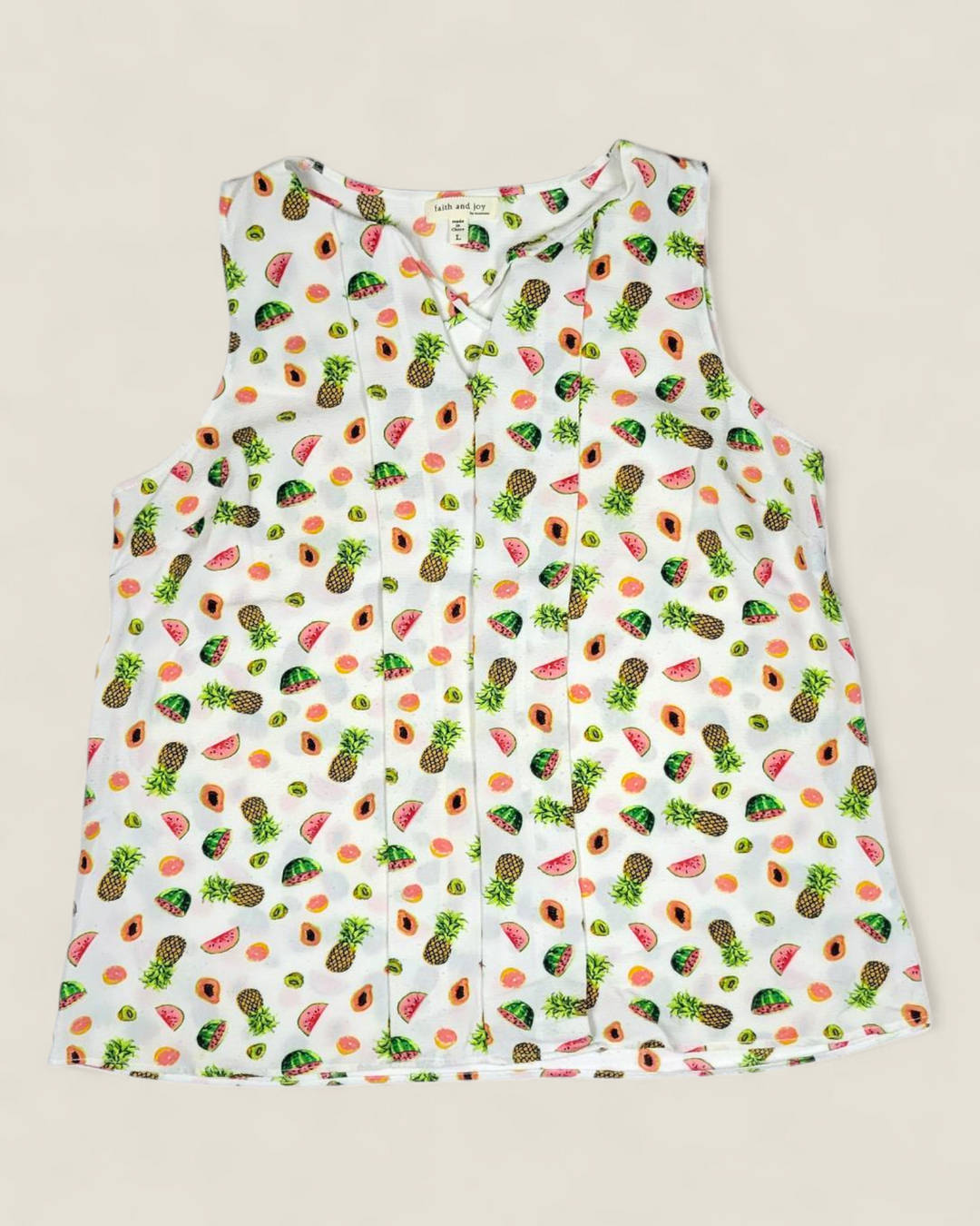 FAITH AND JOY FRUIT PRINT TOP LADIES LARGE PRE-LOVED
