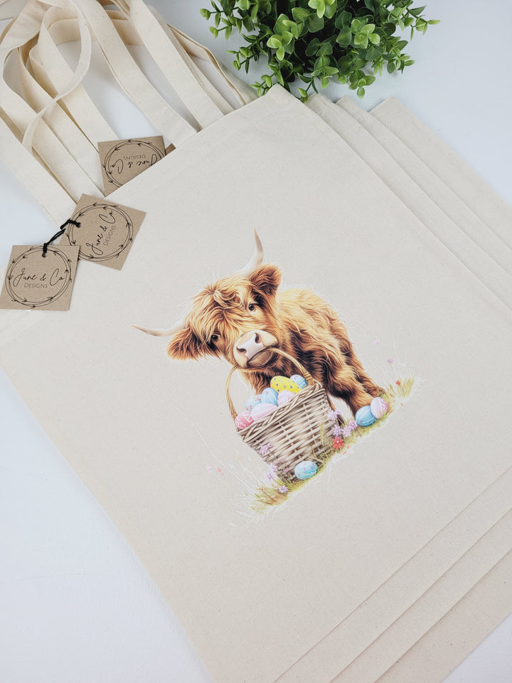 June & Co Designs, Easter Highland Cow Canvas Bags
