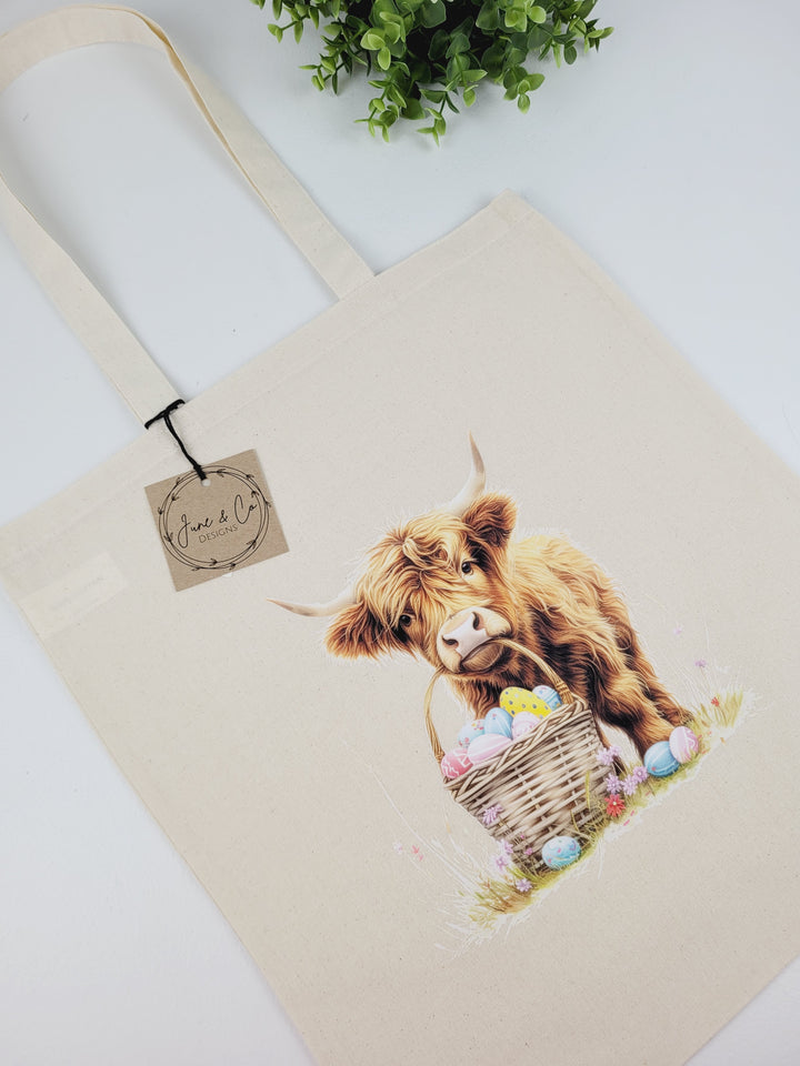 June & Co Designs, Easter Highland Cow Canvas Bags