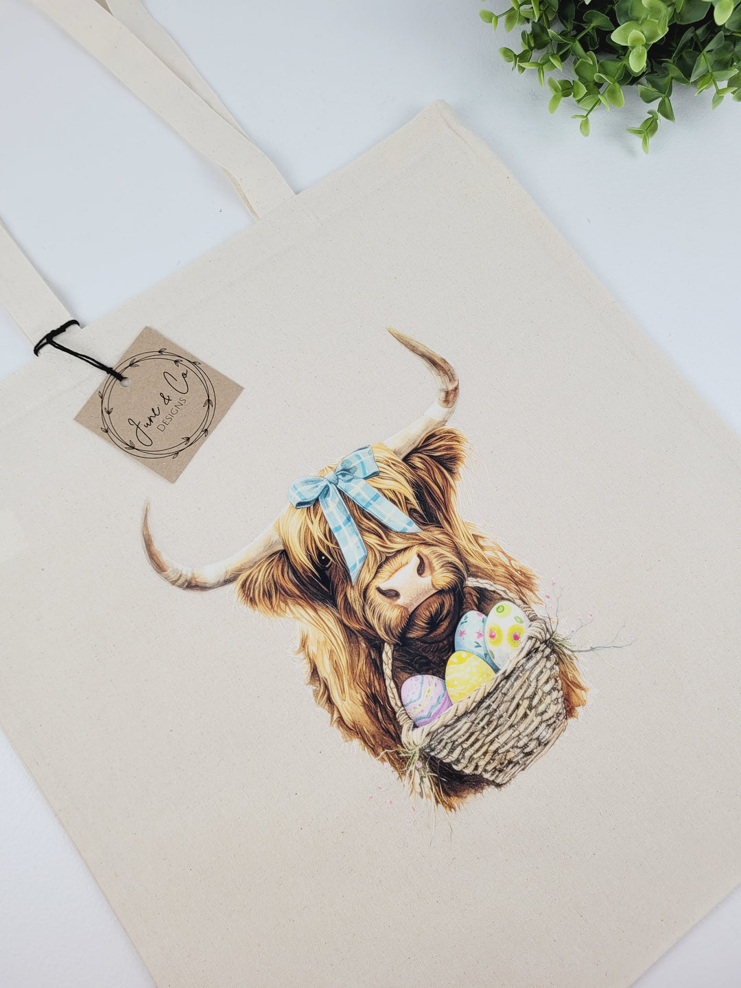 June & Co Designs, Easter Highland Cow Canvas Bags