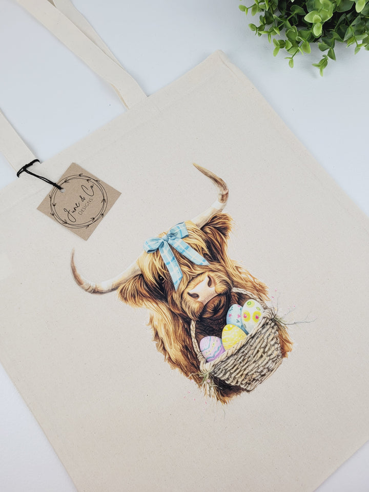 June & Co Designs, Easter Highland Cow Canvas Bags