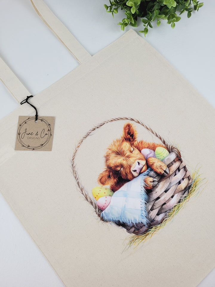 June & Co Designs, Easter Highland Cow Canvas Bags