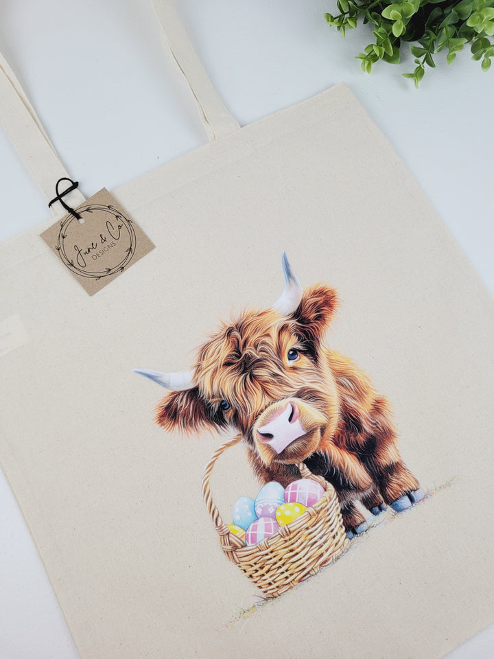 June & Co Designs, Easter Highland Cow Canvas Bags