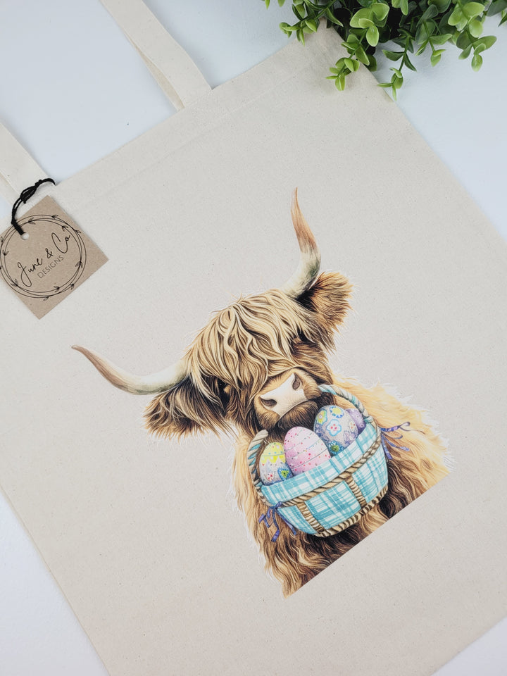 June & Co Designs, Easter Highland Cow Canvas Bags