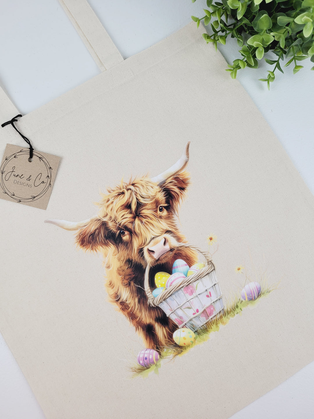 June & Co Designs, Easter Highland Cow Canvas Bags