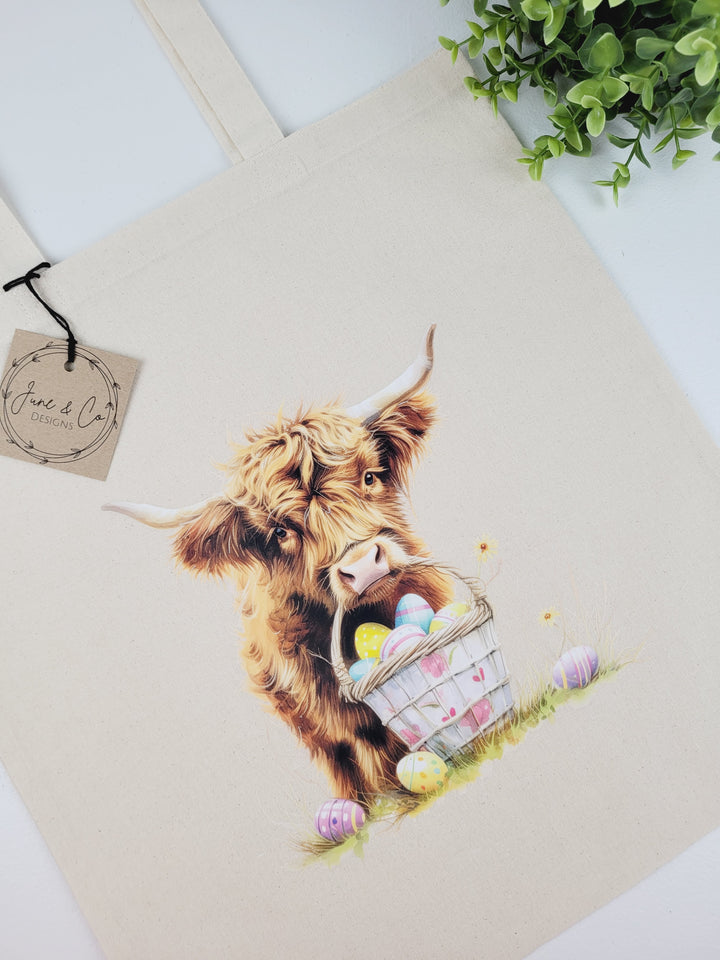 June & Co Designs, Easter Highland Cow Canvas Bags