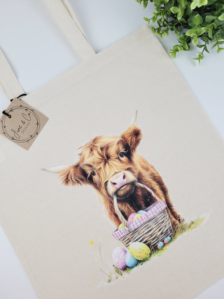 June & Co Designs, Easter Highland Cow Canvas Bags