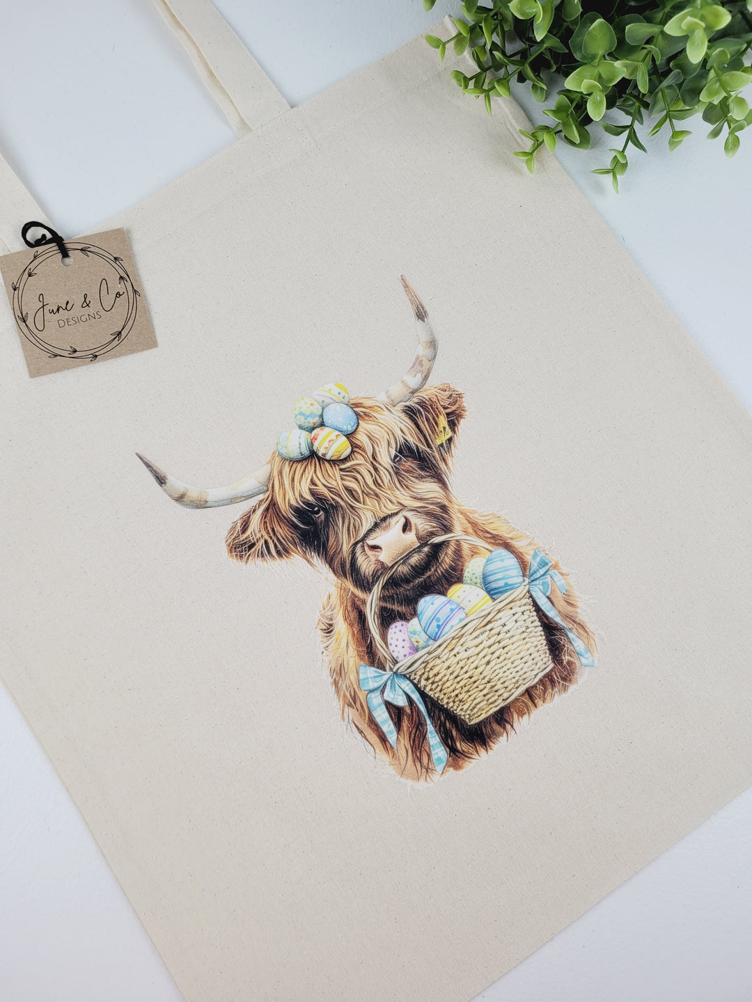 June & Co Designs, Easter Highland Cow Canvas Bags