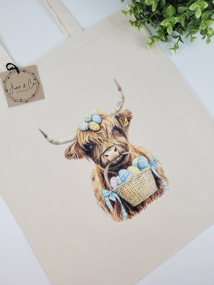 June & Co Designs, Easter Highland Cow Canvas Bags