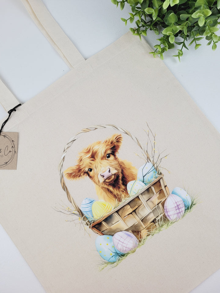 June & Co Designs, Easter Highland Cow Canvas Bags