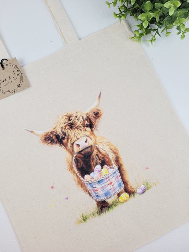 June & Co Designs, Easter Highland Cow Canvas Bags