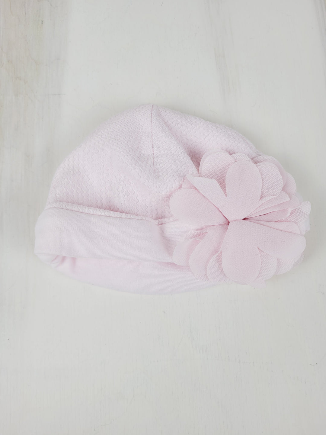 PINK CRIB BEANIE WITH FLOWER 6M EUC