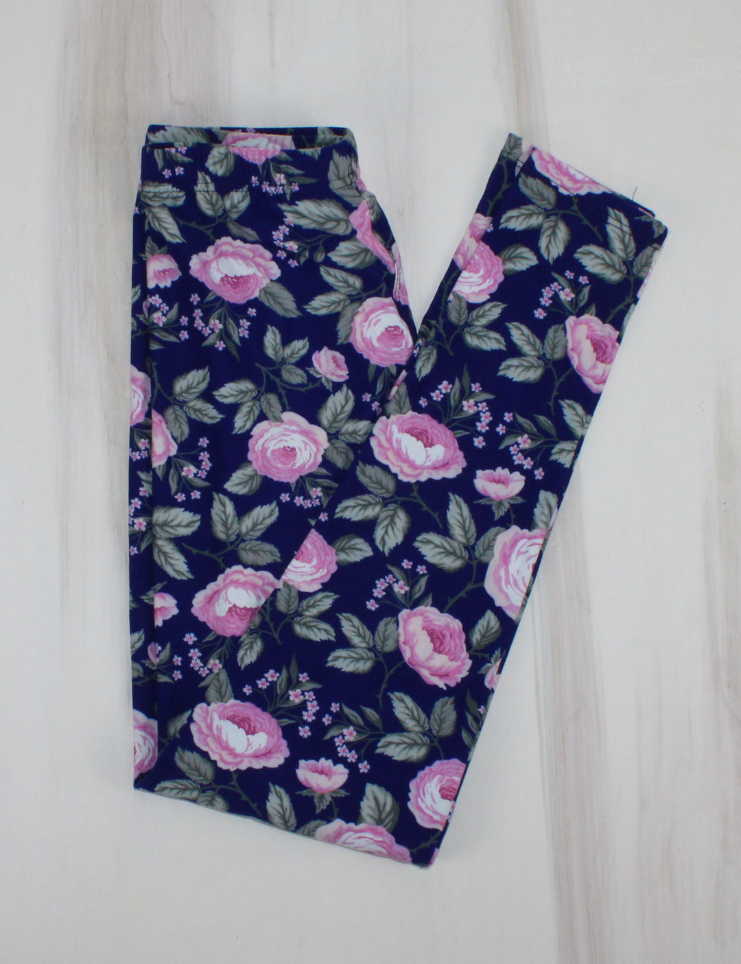 BLUE WITH PINK ROSE LEGGINGS LADIES O/S EUC