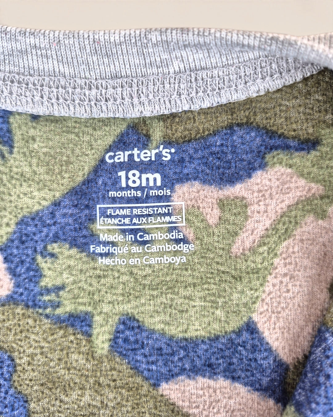 Pre-Loved Carter's Fleece Camo Dinosaur Sleeper Boys 18M | Betty’s Marketplace