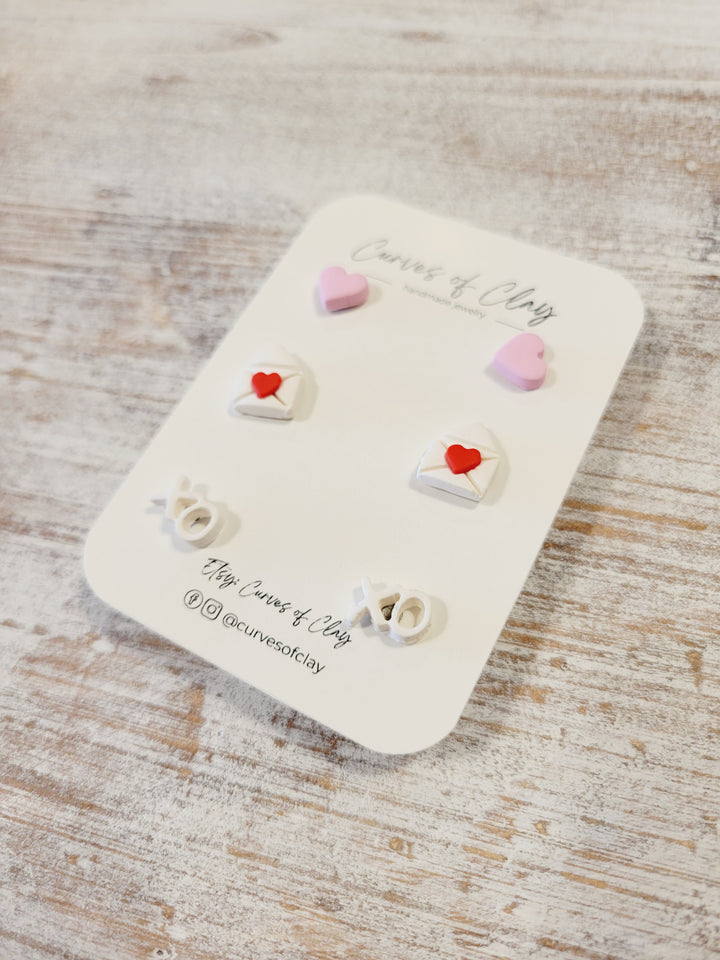 Curves of Clay, Valentine & Love Inspired Stud Earrings 3 Pack
