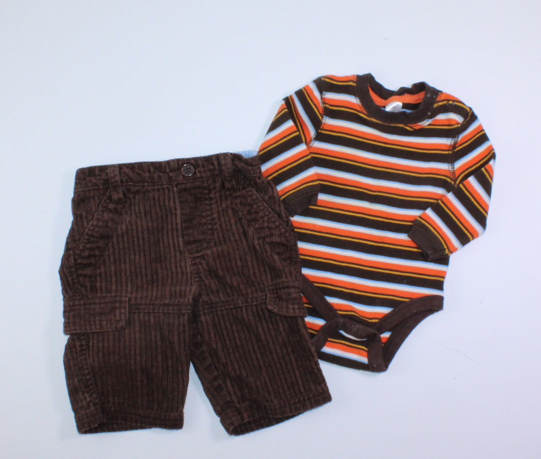 BELUGA STRIPED ONESIE & BROWN CORDS 6M EUC