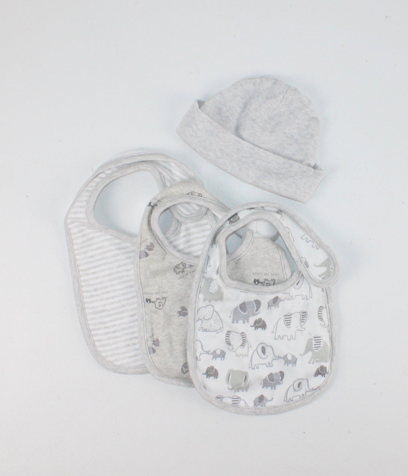 3 PACK BIBS WITH MATCHING HAT NEUTRAL GREYS VGUC