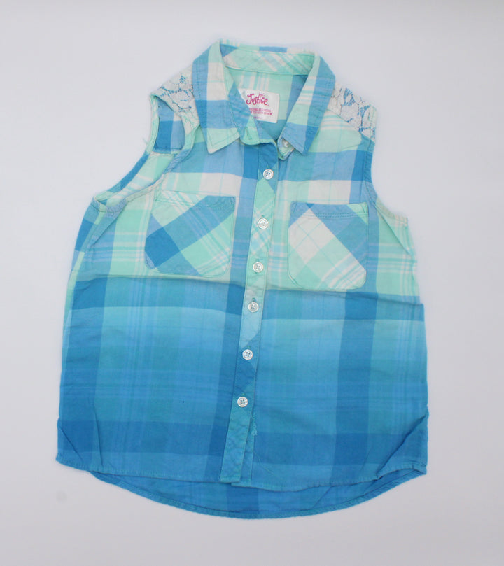 Justice Blue/Green Plaid Sleeveless Shirt 10Y PRE-LOVED PLAY